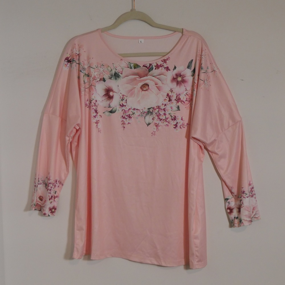 Womens Floral Top L Pink Ribbed Dolman Romantic Coquette Soft Girl Cottagecore